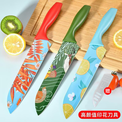 Stainless steel household fruit knife, kitchen knife, meat slicing knife, printed knife, kitchen baby food knife, dormitory knife