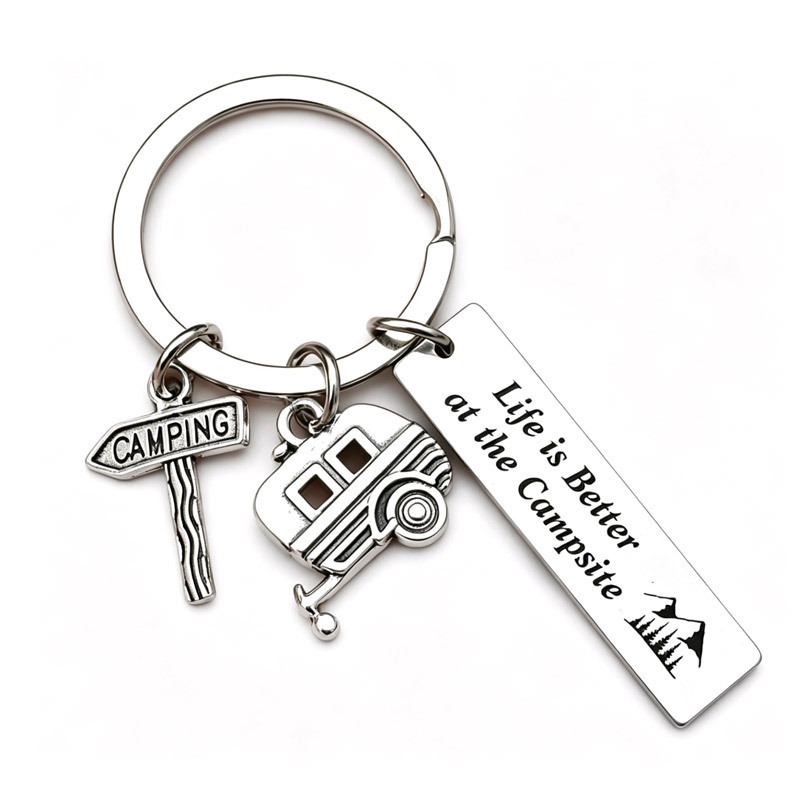 Cross-Border Hot-Selling Creative Stainless Steel Engraved Long Strip Keychain, Small Pendant Gift for Camping Enthusiasts and Rv Backpacks
