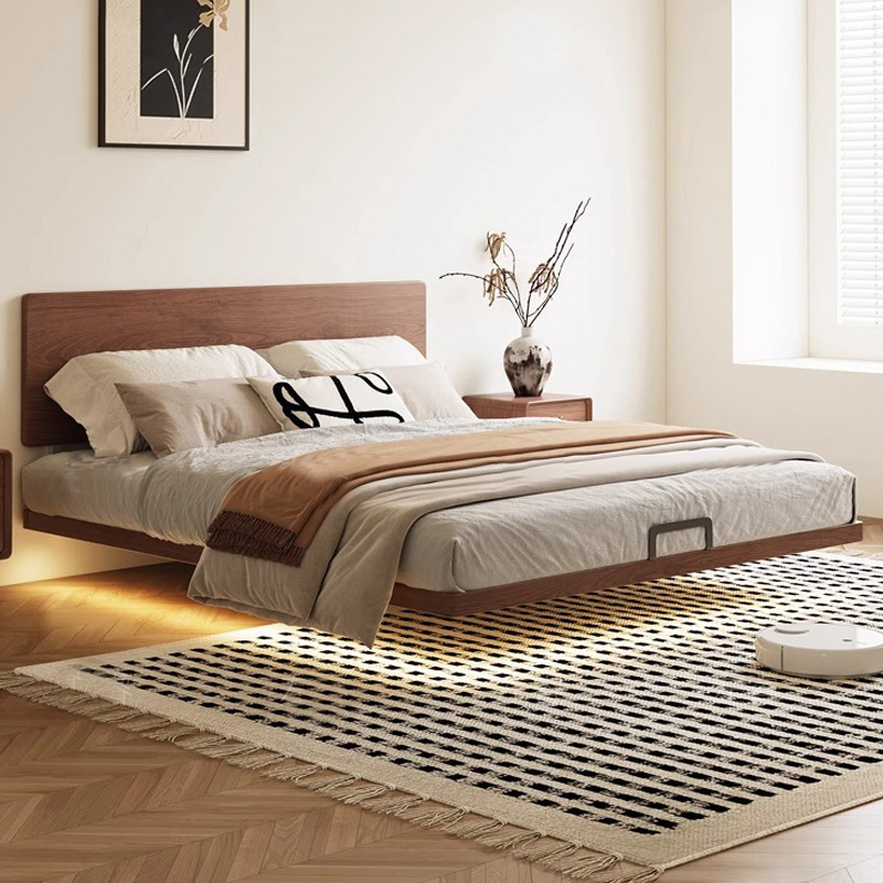 Cama de nogal nórdico de madera maciza pura con cabecera muy delgada, nuevo marco de fila de madera de haya, cama suspendida de apartamento pequeño minimalista moderno