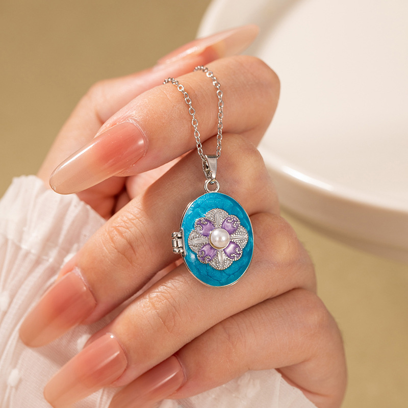 타원형 브랜드 꽃목걸이-블루