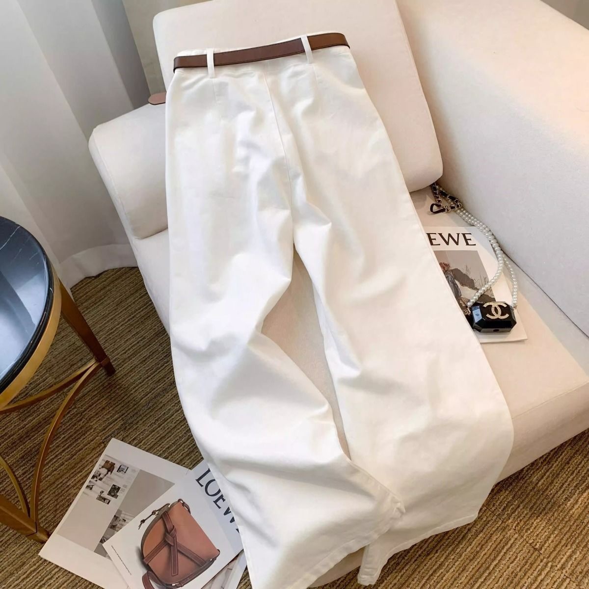 Quần jean nữ ống rộng cạp cao thiết kế xếp ly, dáng suông rủ nhẹ — Trắng kéo dài (LMX) cao, 9 điểm trắng (LMX), Quần trắng (LMX) thường xuyên chi tiết 6