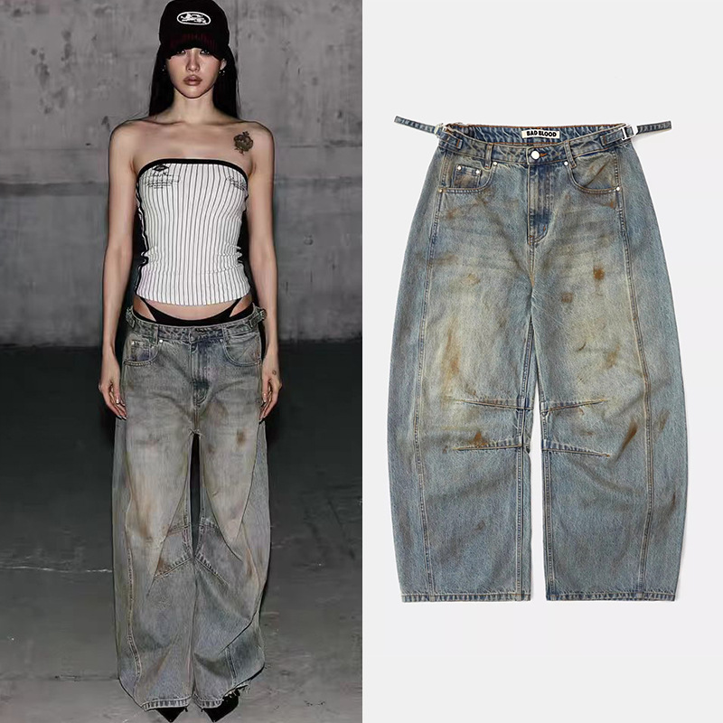Badblood American Retro Street Hottie Washed Old Dirty Dyed Jeans Casual Loose Scimitar Wide Leg Pants