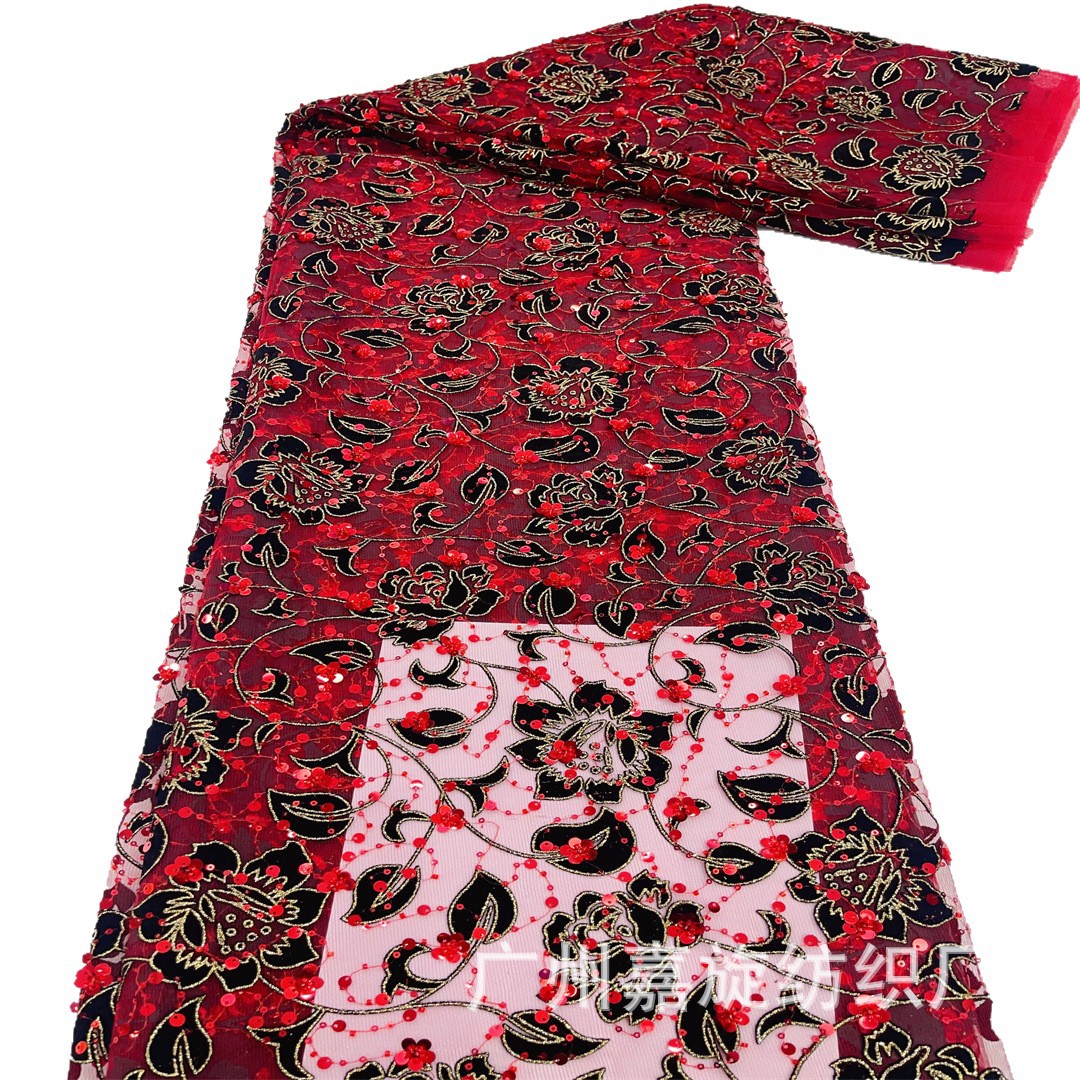 Nigeriano Asooke Lace nuevo flocado flores bordadas hojas de encaje esquinilla vestido tela de moda image 6