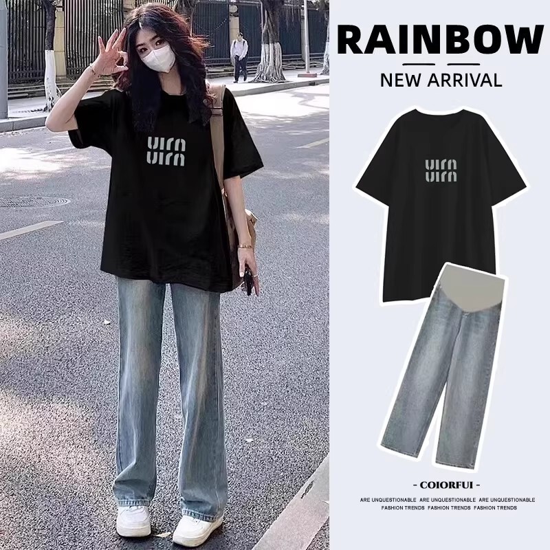 Maternity Summer T-Shirt Simple Letter Print Set Thin 2026 New Casual Loose Top and Denim Long Pants Two-Piece Set Maternity Summer T-Shirt Simple Letter Print Set Thin 2026 New Casual Loose Top and Denim Long Pants Two-Piece Set