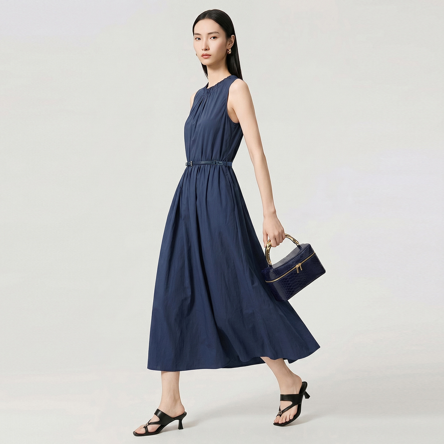 Đầm maxi nữ thắt eo không tay chất cotton phong cách Pháp cổ điển — xanh lam