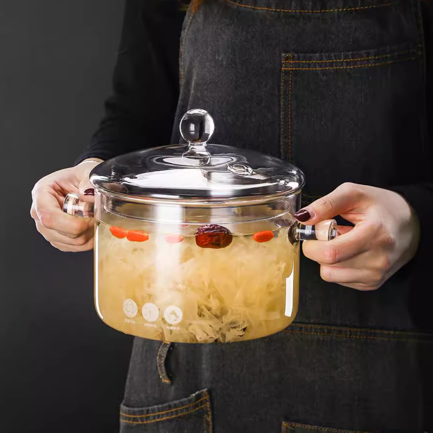 Pot de vidrio simple, alto boro resistente al calor, vidrio grueso, olla de fuego abierto, olla de vidrio con tapa, olla de vino caliente para hacer café, olla de vidrio