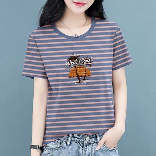 Mom's Middle-Aged and Elderly Summer Clothes Loose Large Size Pure Cotton Right Shoulder Short-Sleeved T-Shirt Women's Stripesd Tops Versatile