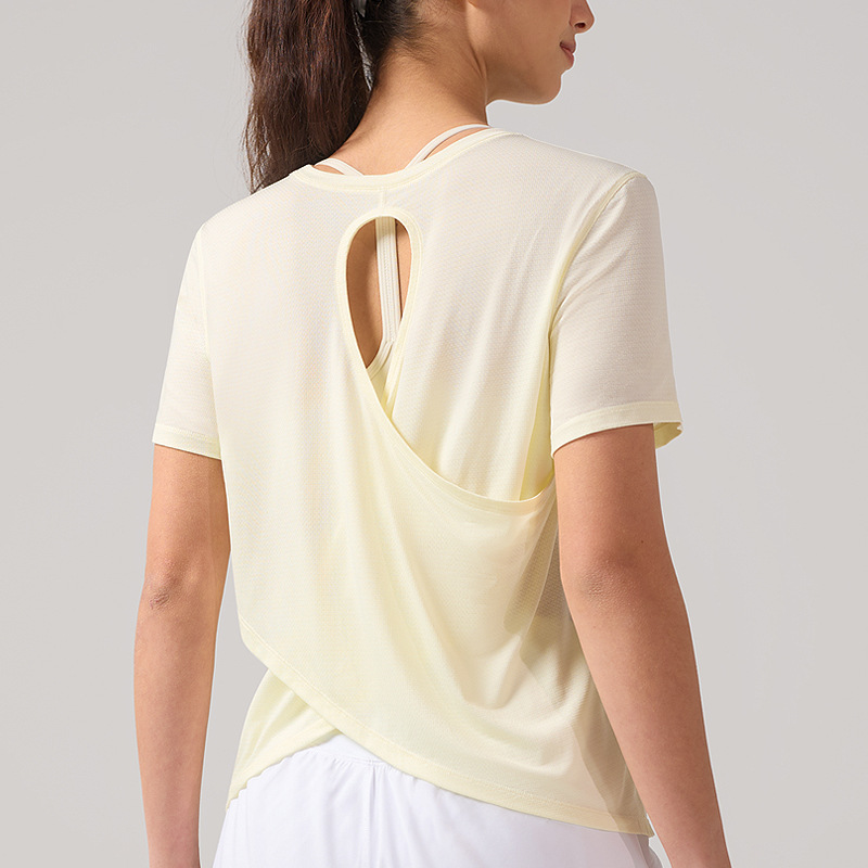 Verano fresco de mangas cortas mujeres transpirables ropa de yoga de espalda gorra de cuello redondo camiseta de correr de secado rápido camiseta de deporte agujero