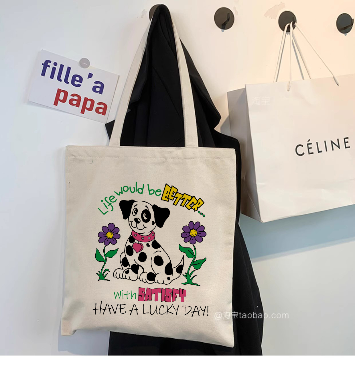 Nueva bolsa de lona de hombro de las mujeres lindo perro ilustración bolsa de lona de gran capacidad con cremallera estudiante clase tutorial bolsa