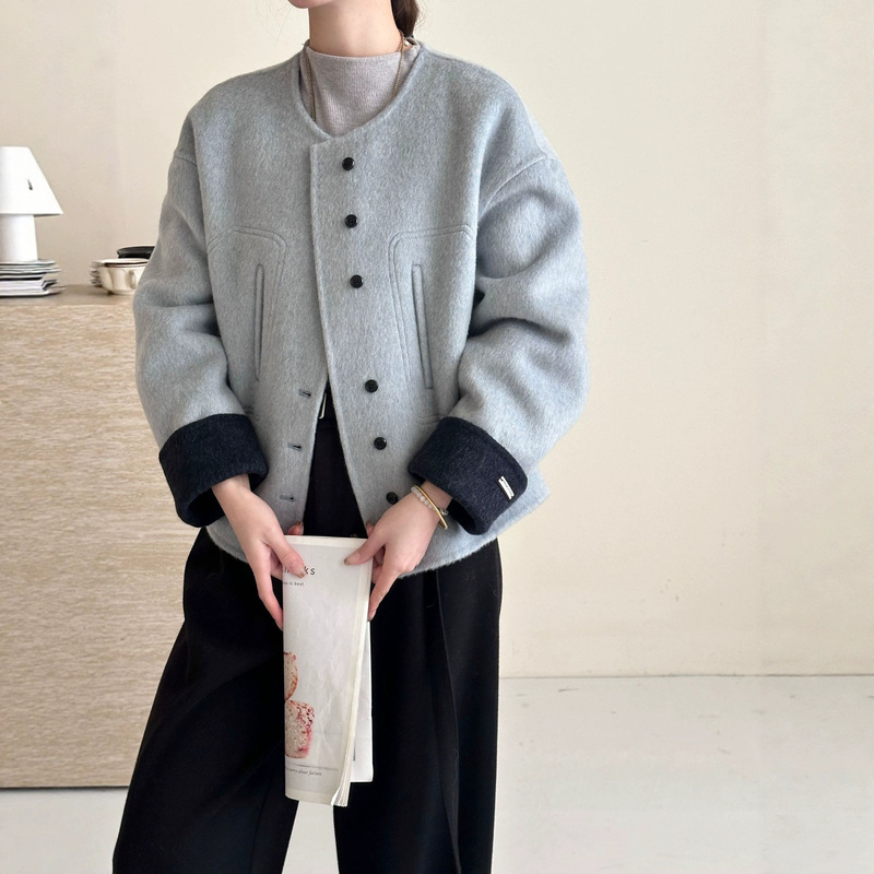 Round Neck Single-Breasted Color-Blocked Rolled Sleeves Drop Shoulder Sleeves Three-Dimensional Tailoring Double-Sided Wool Coat Women's Woolen Jacket Autumn and Winter