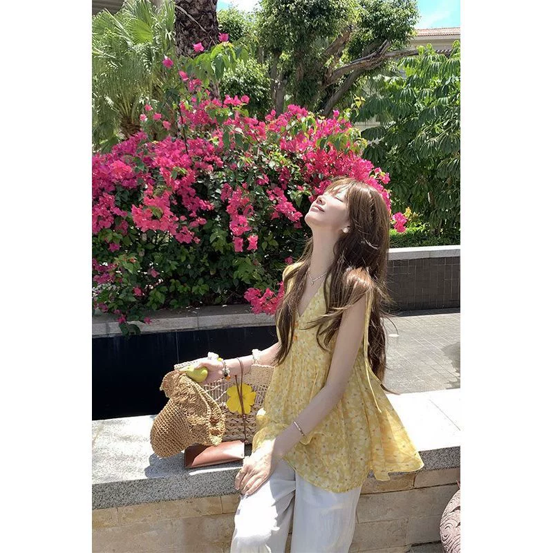 Корейский новый стиль 2025, летняя милая и красивая универсальная женская легкая рубашка без рукавов с v-образным вырезом, кукольная рубашка с цветочным принтом и А-образным подолом