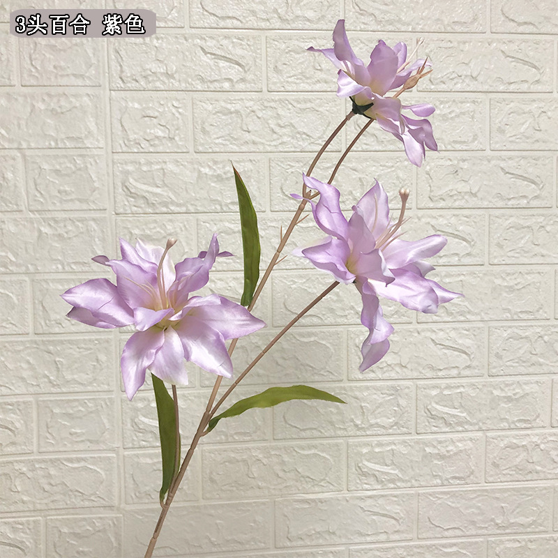 2022 New Artificial Flower 3-Head Lily Flower Auditorium Layout Road Lead Perfume Lily Line Flower Material Multi-Color