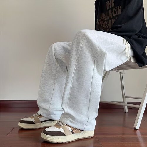 Men's light gray heavy-weight pants, men's autumn loose straight pants, casual wide-leg pants, sweatpants, 2025 new style