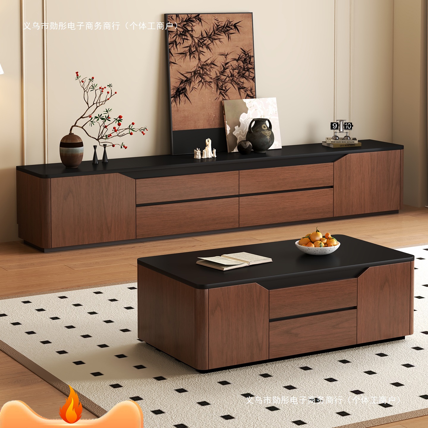 Retro Mid-Century Rounded Corner Tv Cabinet Coffee Table Combination Light Luxury Modern Simple Chinese Style Living Room Home Small Apartment Floor-Standing