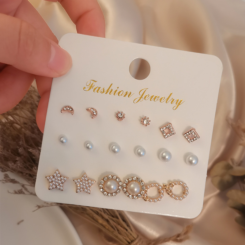 Korean New Simple Accessories Ins Style 9-piece Set Pearl Zircon Earrings Earrings Jewelry For Girls Factory Wholesale display picture 3