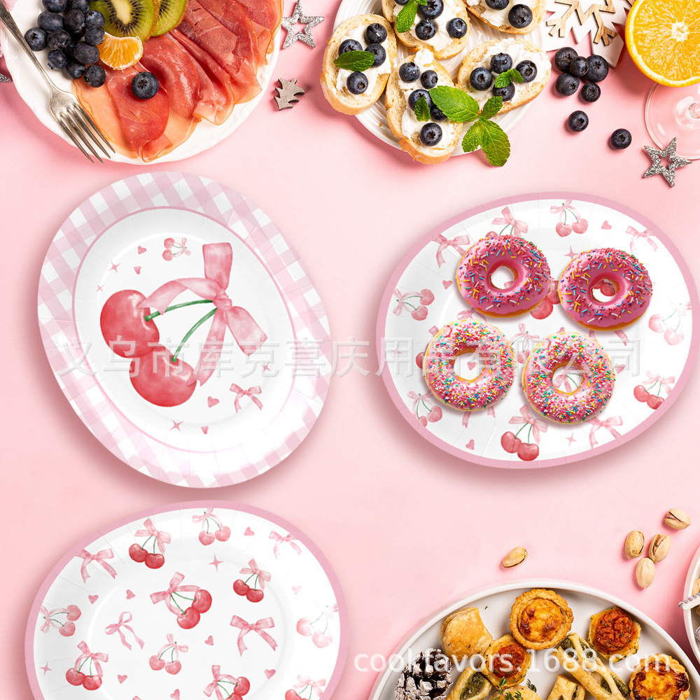 Tema de lazo de cereza transfronterizo Placa de comida ovalada de 12 pulgadas Placa de papel desechable de cumpleaños para niños Suministros de vajilla de papel