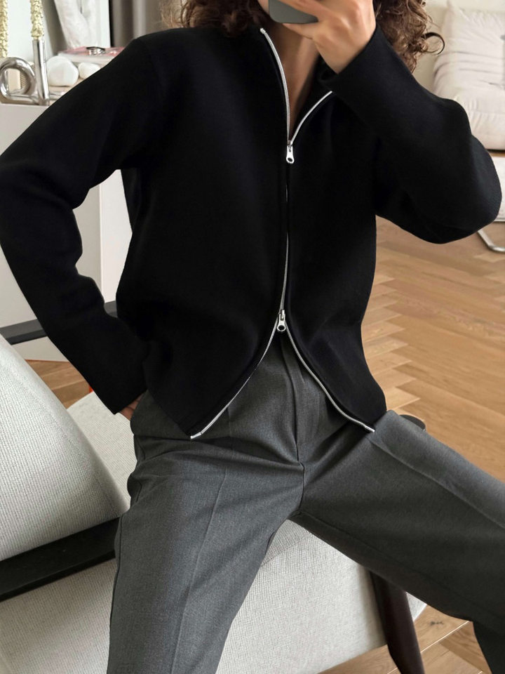 Áo khoác cardigan len dệt kim cổ đứng khóa kéo hai chiều dài tay — Màu nâu cà phê, Màu trắng, màu đen, màu đỏ chi tiết 28