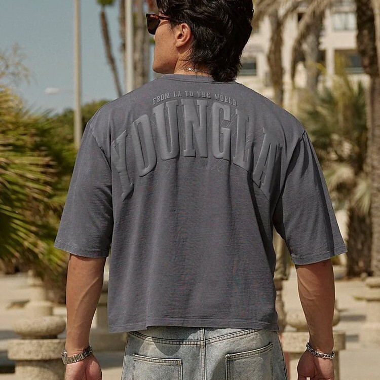 YOUNGLA Men's Oversized T-shirt Foam Printed Pure Cotton Short Sleeve American Sports Fitness Casual Top