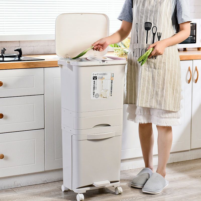 Large Capacity Kitchen Trash Can for Household Food Waste, Japanese-Style Sorting Bin with Dry and Wet Separation, Vertical Type with Lid