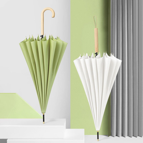 Long handle 16 bone umbrella automatic umbrella advertising umbrella custom logo wholesale small fresh wooden handle lettering curved hook sunny umbrella