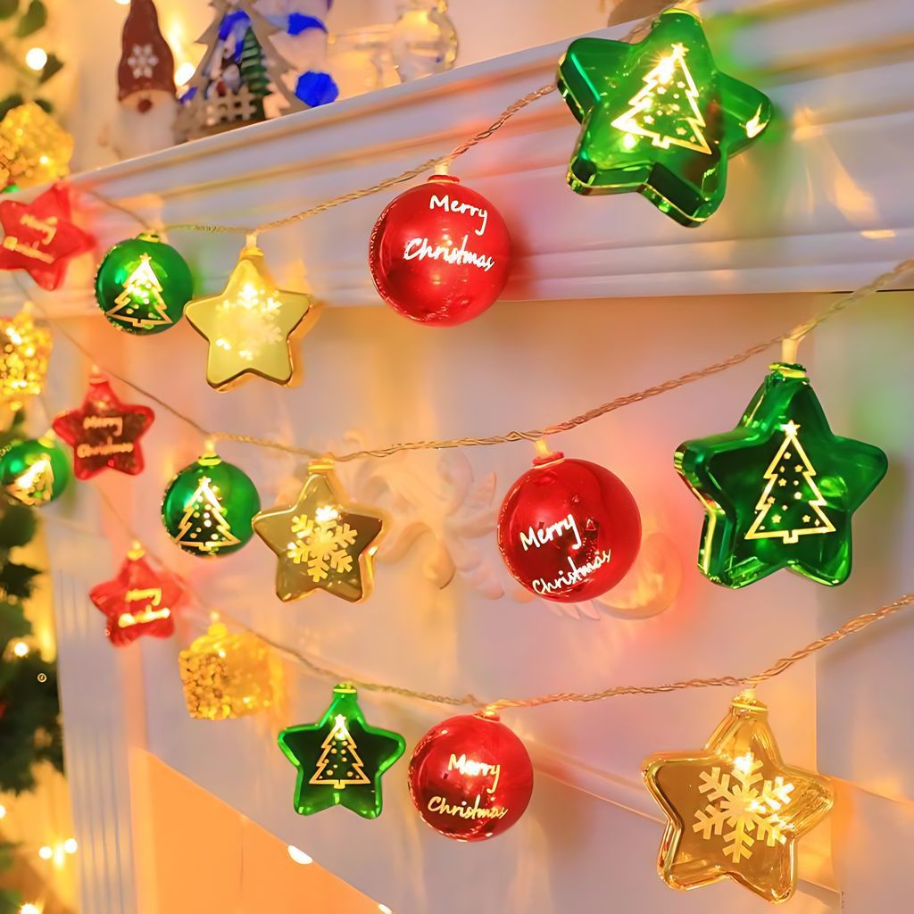 Navidad LED color impresión bola galvanizado estrella colgante cadena de luces decoración árbol de Navidad escena de atmósfera de luces de color