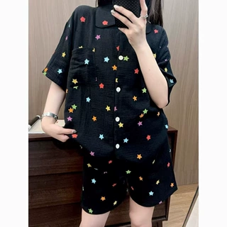睡衣女夏季新款云朵棉双短小翻领短袖短裤休闲家居服套装