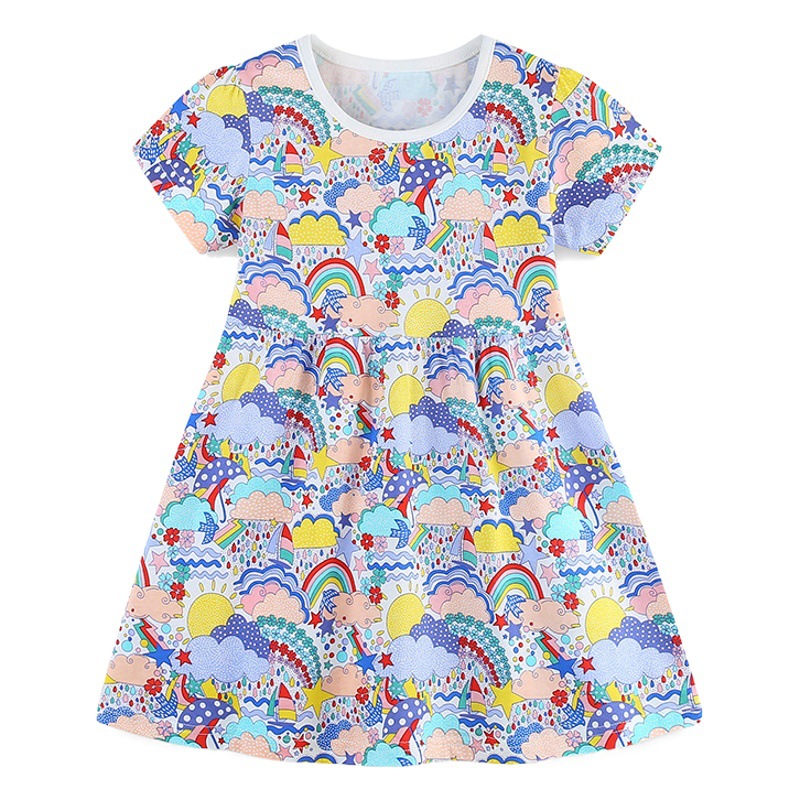 Vestidos de niña estilo europeo y americano, vestidos de princesa con estampado de dibujos animados de moda de verano, vestidos de algodón tejido para niñas pequeñas