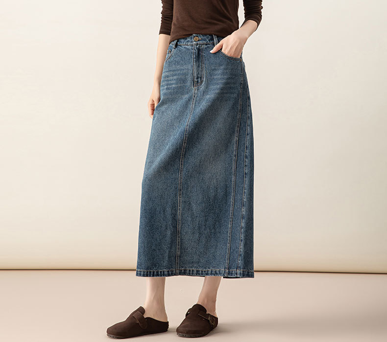 Chân váy denim Lyocell nữ cạp cao dáng A xẻ tà dài trung bình — màu xanh chi tiết 7