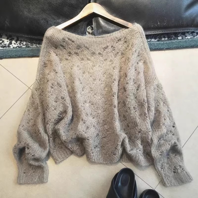 Cross-Border High-End Hollow-Out Gray Base Sweater for Women, Early Autumn Thin Soft Casual Lazy Mohair Knitwear Cross-Border High-End Hollow-Out Gray Base Sweater for Women, Early Autumn Thin Soft Casual Lazy Mohair Knitwear