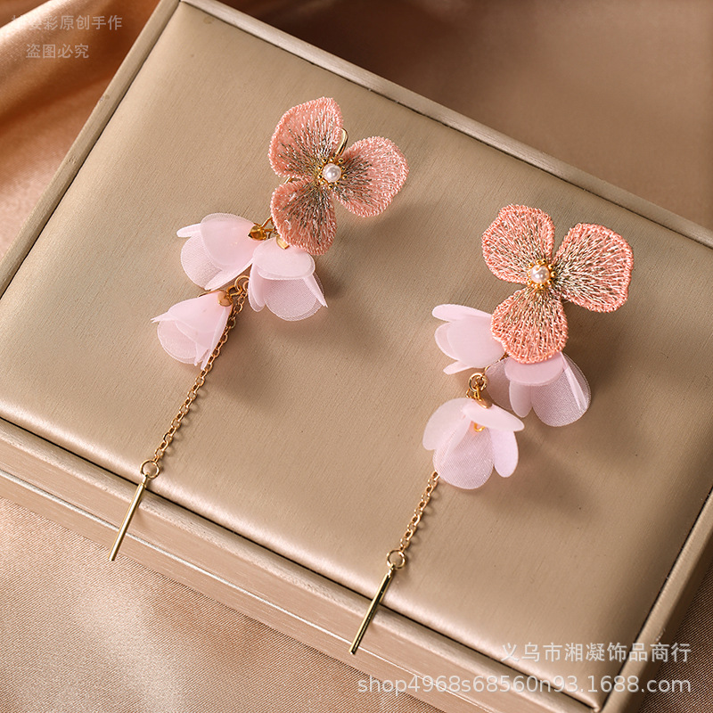 Original Foreign Trade Fabric Children's Earrings, Super Fairy-Like Ancient Style Hanfu Accessories, Flower Tassel Ear Clips for Non-Pierced Ears, Women's Ear Ornaments