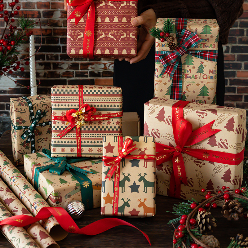 Amazon nuevo papel de regalo de Navidad engrosada papel Kraft amarillo caja de regalo de Navidad papel de embalaje al por mayor