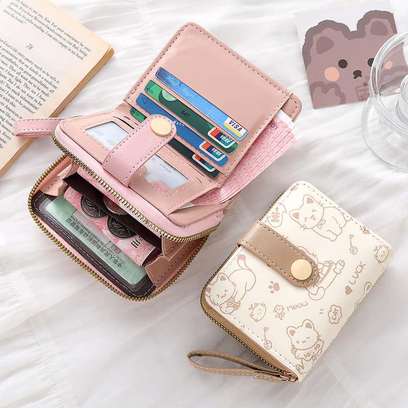 Women's High-Looking Wallet, Short, Thin, Compact, Stacked Student Id Wallet, Cute 5 Coin Kitten Japanese Style Wallet