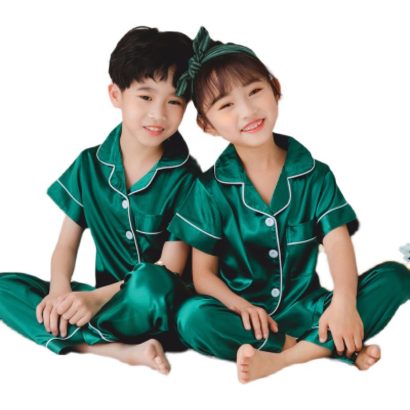 Pijamas para niños, pantalones de manga corta de seda de hielo, trajes de dos piezas para niños y niñas, rebeca de color sólido, solapa, fábrica de ropa a domicilio, orden exterior