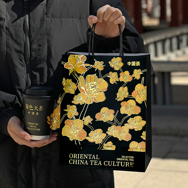黑色烫金高档国风奶茶打包袋定制新中式茶饮外卖纸袋手提袋印logo