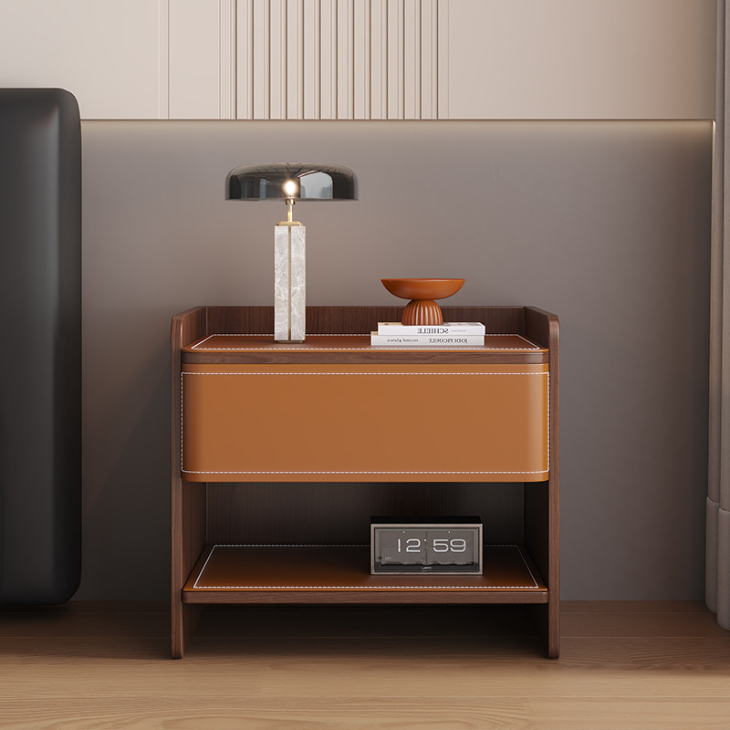 Mesita de noche de hotel de madera maciza simple B&B sillín de cuero gabinete de almacenamiento para dormitorio mesita de noche de hotel de lujo ligero de madera maciza sin pintura