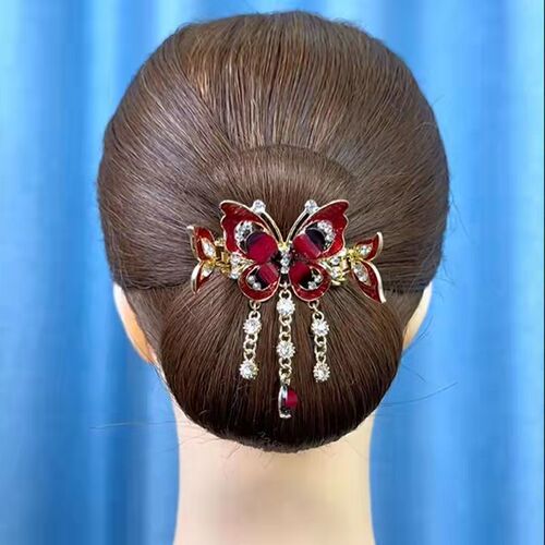 Ethnic Fengshui Diamond Hairpin Small Horizontal Clip Crab Clip Back of Head Headdress Butterfly Tassel Hair Clip Elegant Temperament