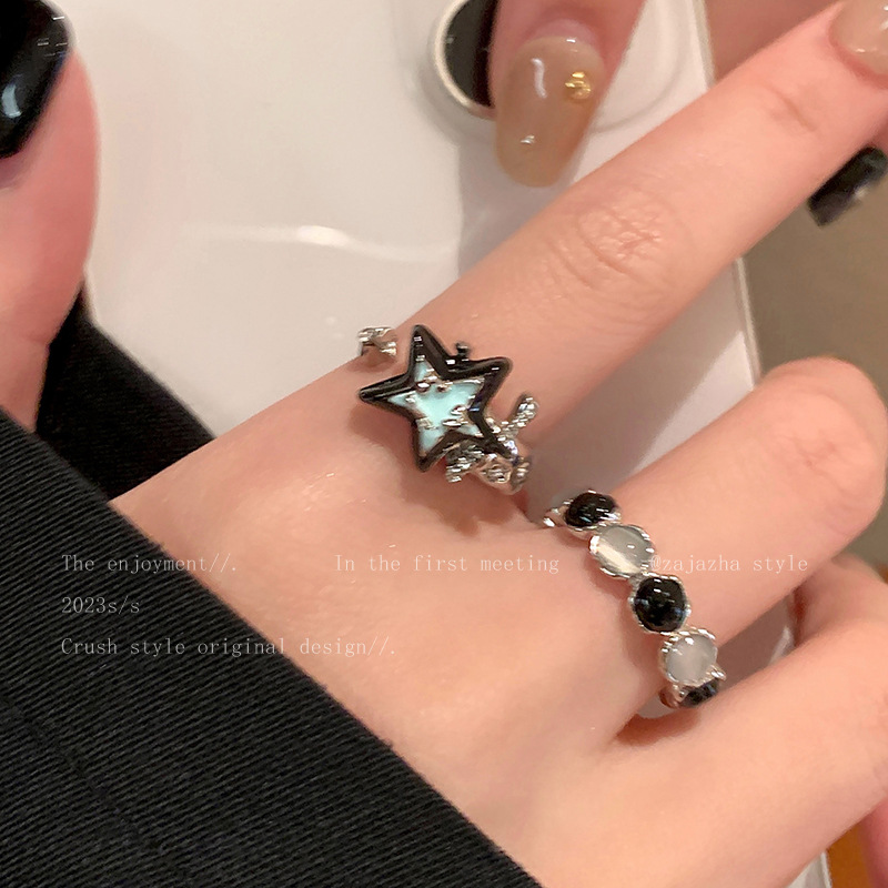 撞色貓眼石星星戒指女ins潮時尚個性情侶食指戒小眾氣質百搭指環