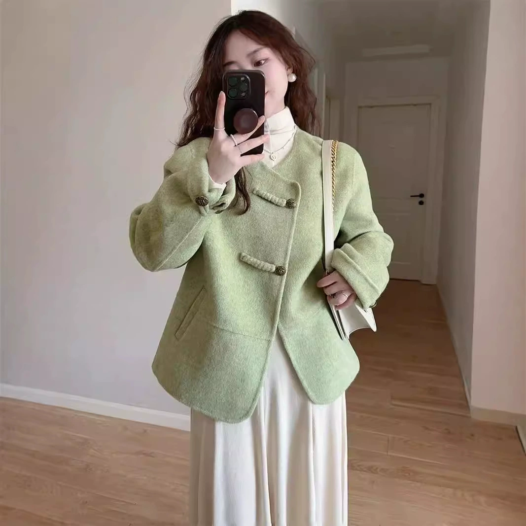 Новый китайский стиль зеленый пиджак с пуговицами женский осенний и зимний новый ретро свободный круглый вырез короткая двусторонняя шерстяное пальто