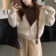 针织衫女2025秋冬新款V领百搭长袖开衫显瘦撞色背心两件套上衣女