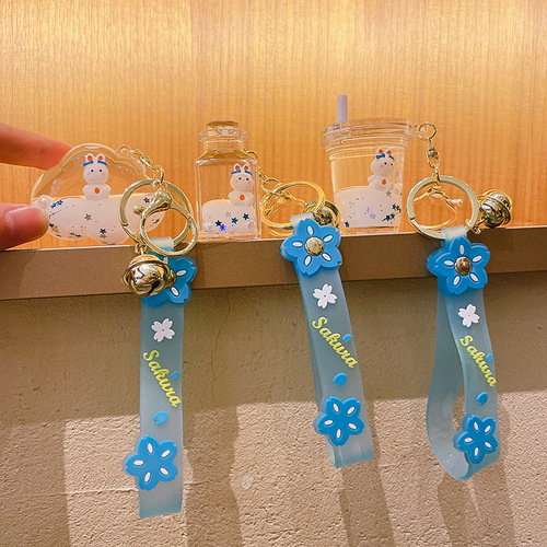 Cartoon Oil Floating Rabbit Doll Quicksand Bottle Keychain Car Keychain Bag Pendant Small Gift Wholesale