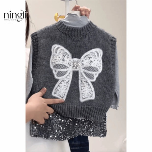 Lime Girl's Vest New Autumn and Winter Children's Stylish Knitted Vest Baby's Outer Waistcoat Sweater Coat