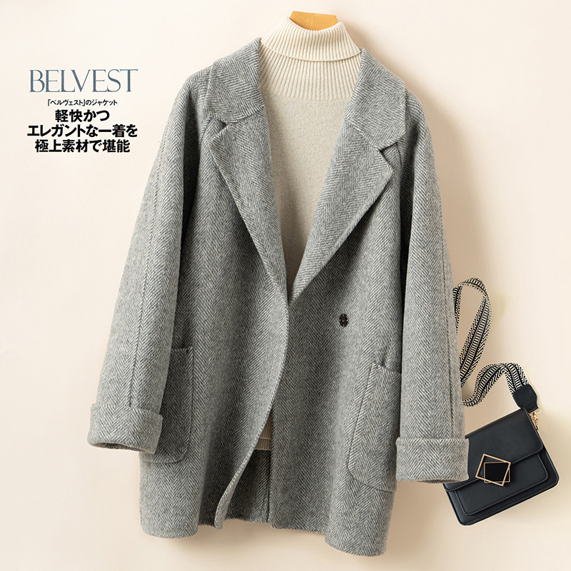 Autumn and Winter Pure Wool Double-Sided Woolen Coat for Women, Twill Loose Fit, Petite Hepburn Style, High-End Suit Woolen Jacket