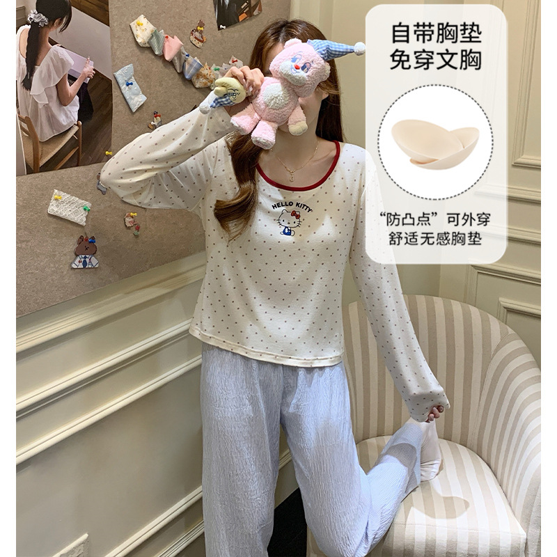 Cartoon Cute Girl Pajamas Women's Long-Sleeved Pants Two-Piece Set Autumn and Winter Comes with Breast Pads and No Need to Wear Bra Home Clothes