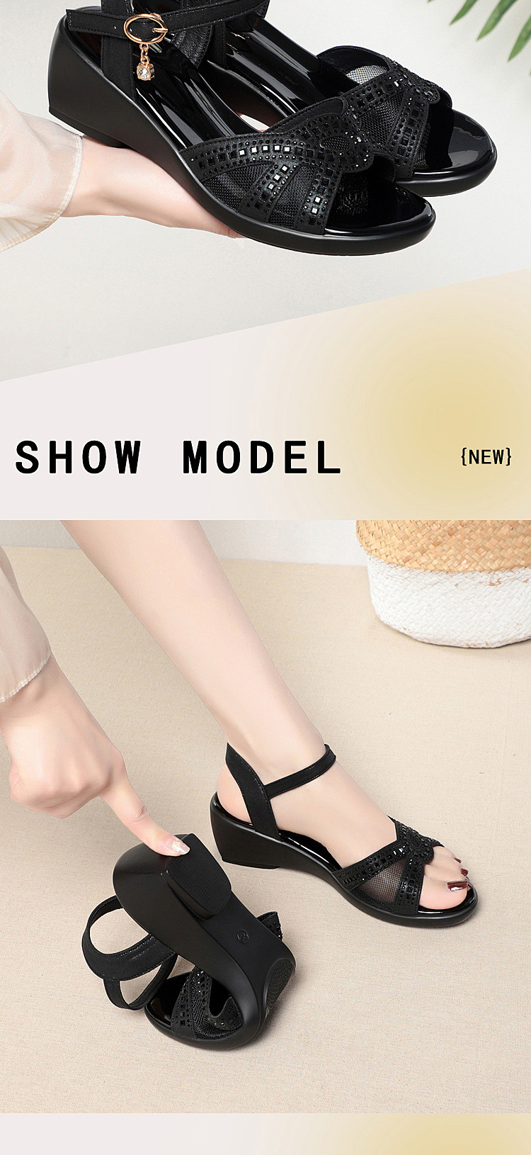 Sandal nữ đế xuồng da thật gót vừa thoải mái — Màu đen chi tiết 9