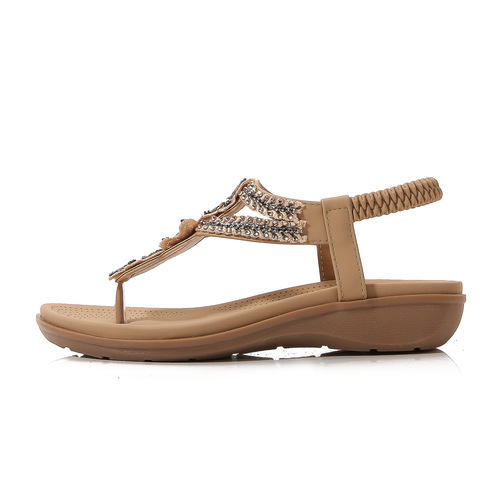 2024 Summer New Style European and American Retro Rhinestone Beads Soft and Comfortable Vacation Seaside Beach Wedge Sandals for Women