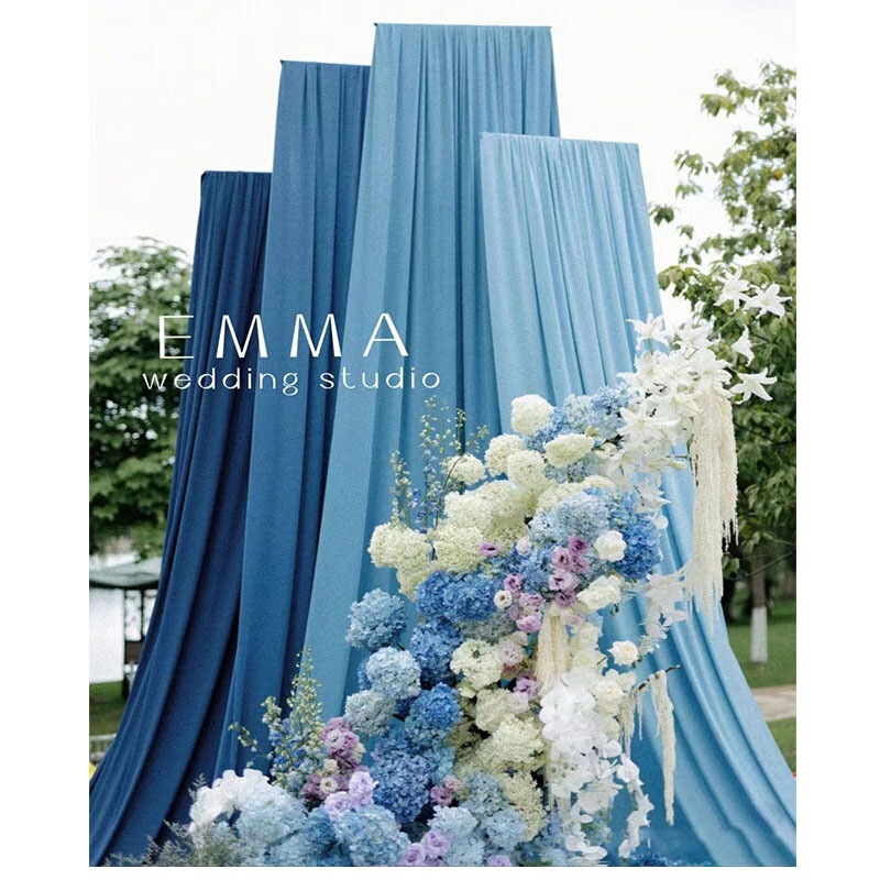 Wedding elastic fabric curtain, blue ceiling decoration for the wedding hall stage, multi-layered wave decoration, Korean-style ice silk milk silk Wedding elastic fabric curtain, blue ceiling decoration for the wedding hall stage, multi-layered wave decoration, Korean-style ice silk milk silk