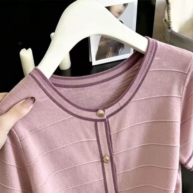 Women's Clothing Summer French Style Women's Knit T-Shirt Round Neck Ice Silk Real Photos_ecoleips.com