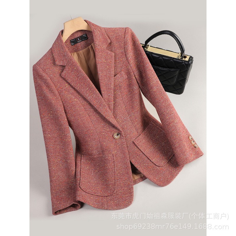 Cotton-Padded Orange-Red Long-Sleeve Blazer with Small Suit Collar for Women, Popular Cross-Border Export Item, Casual Waist-Cinching Autumn and Winter Jacket