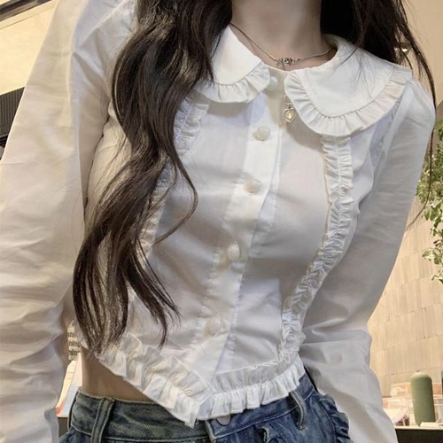 Women's Short-Sleeve High-Waisted White Babydoll Collar Blouse with Lace Detailing, Fitted and Slimming