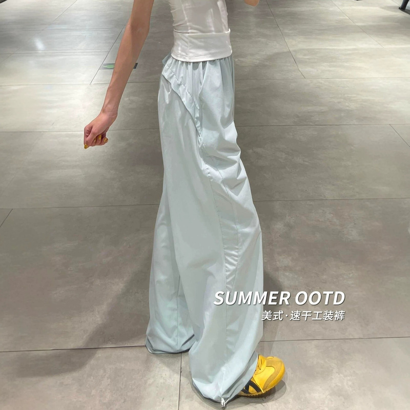 Blue quick-dry work pants for women, summer thin new style, loose straight casual wide-leg sports pants for women, wholesale